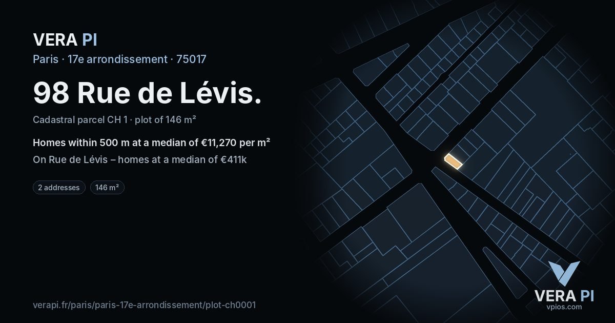 98 Rue de Lévis, 17e arrondissement at night – the plot lit, the parcels around coloured by the prices near them