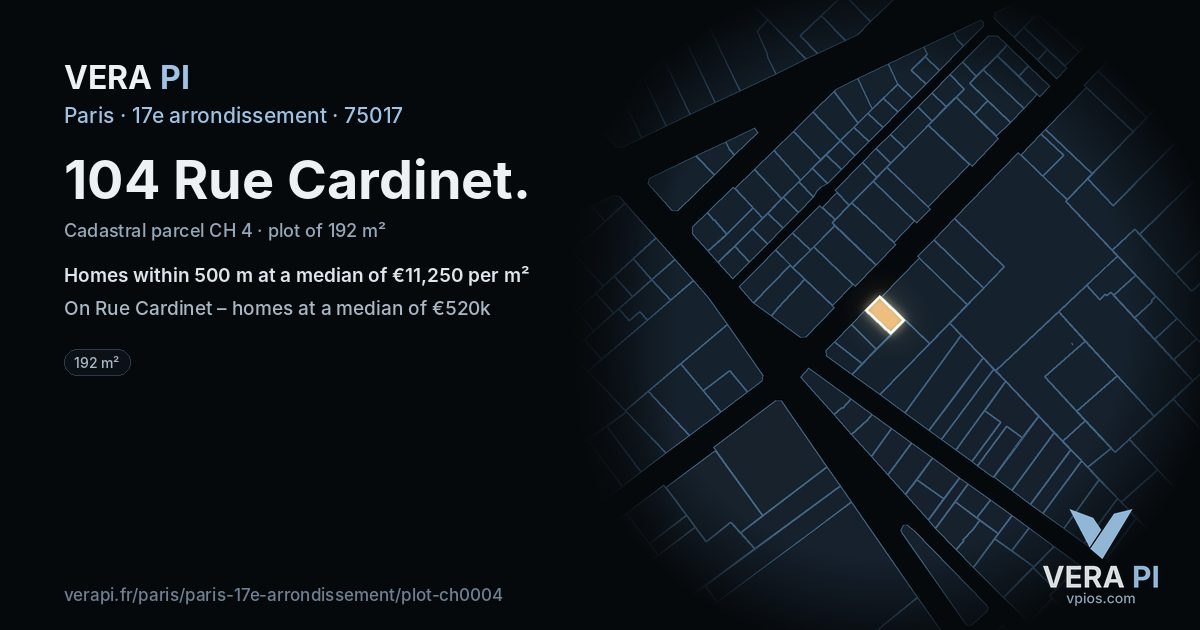104 Rue Cardinet, 17e arrondissement at night – the plot lit, the parcels around coloured by the prices near them