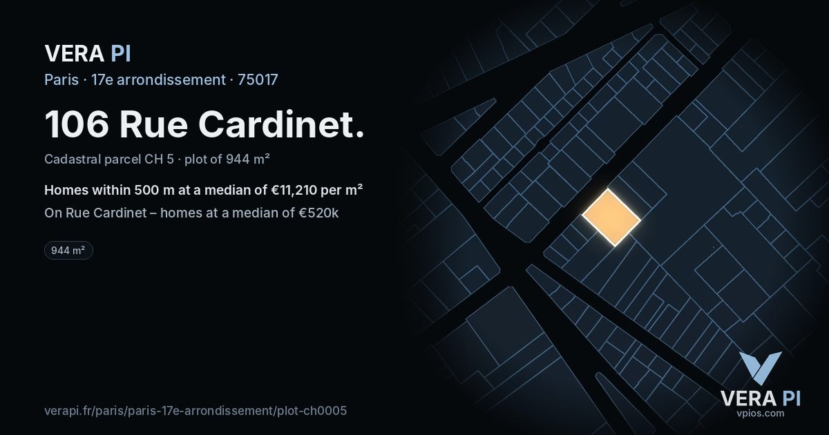 106 Rue Cardinet, 17e arrondissement at night – the plot lit, the parcels around coloured by the prices near them