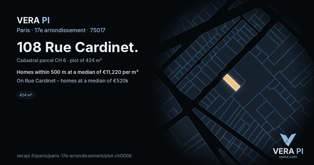 108 Rue Cardinet, 17e arrondissement at night – the plot lit, the parcels around coloured by the prices near them