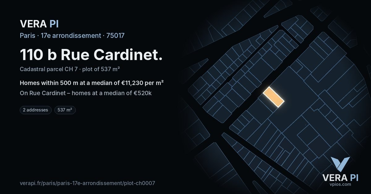 110 b Rue Cardinet, 17e arrondissement at night – the plot lit, the parcels around coloured by the prices near them