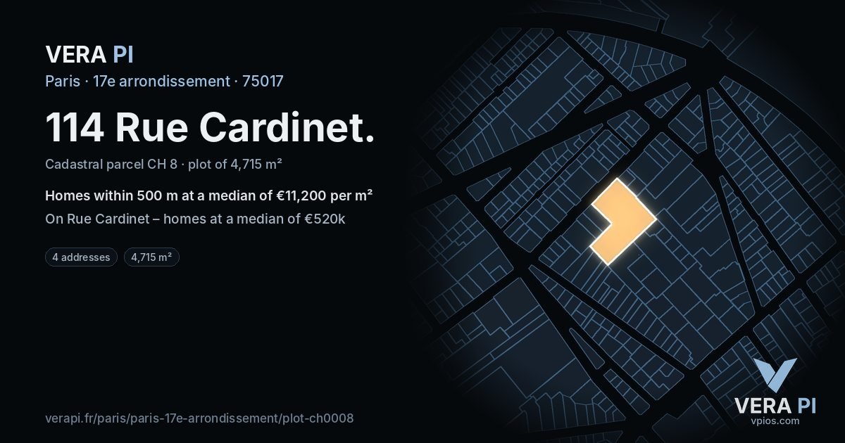 114 Rue Cardinet, 17e arrondissement at night – the plot lit, the parcels around coloured by the prices near them