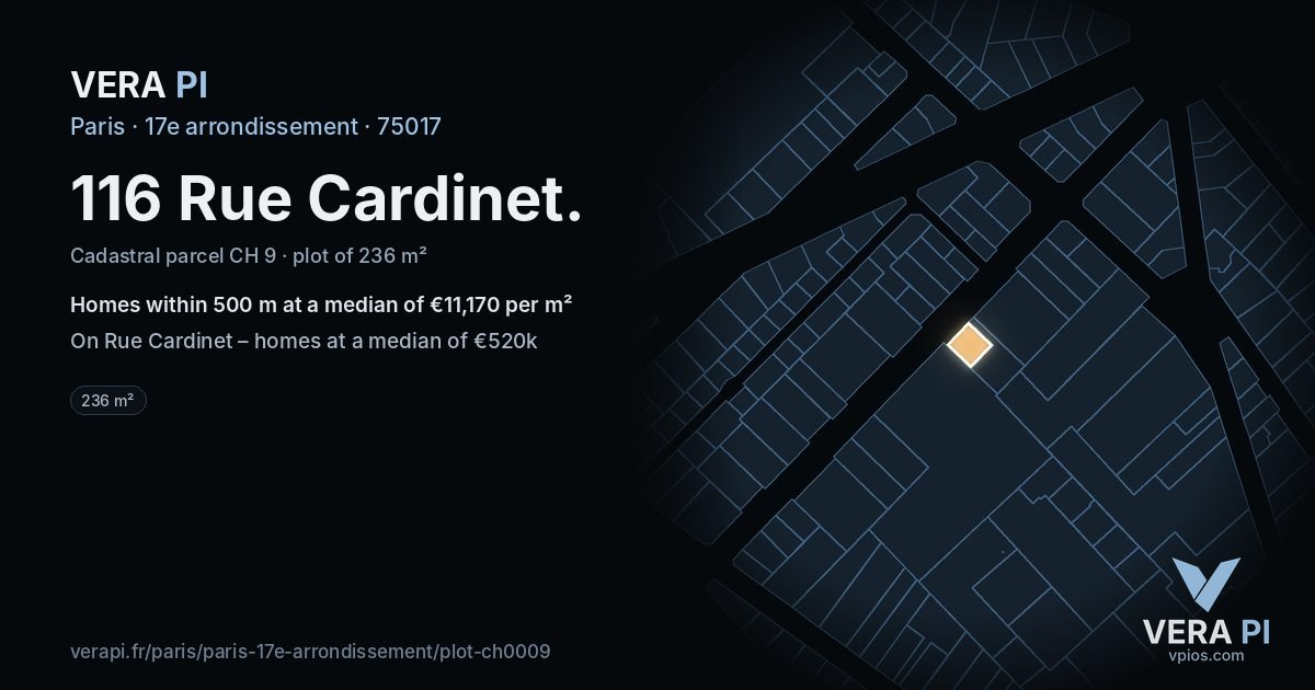 116 Rue Cardinet, 17e arrondissement at night – the plot lit, the parcels around coloured by the prices near them