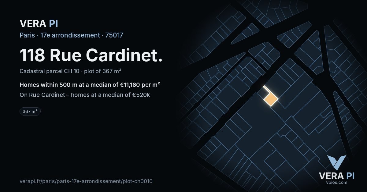 118 Rue Cardinet, 17e arrondissement at night – the plot lit, the parcels around coloured by the prices near them