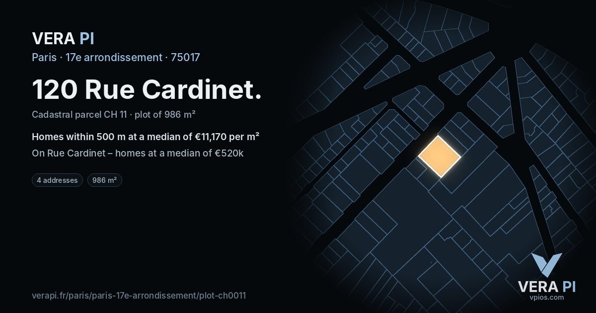 120 Rue Cardinet, 17e arrondissement at night – the plot lit, the parcels around coloured by the prices near them