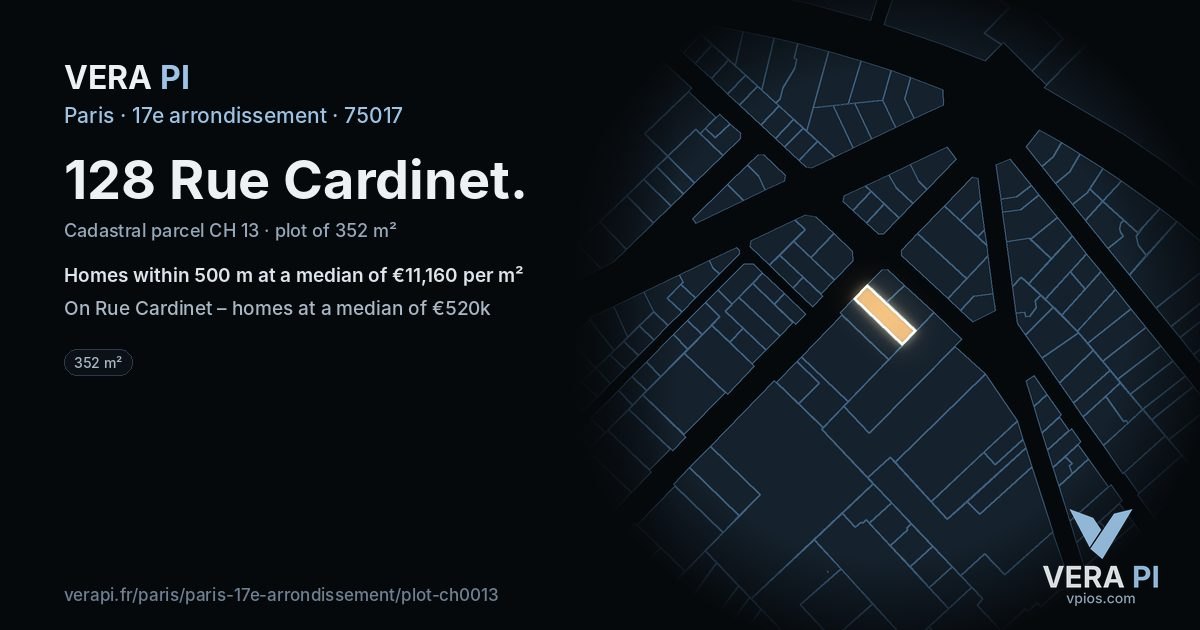 128 Rue Cardinet, 17e arrondissement at night – the plot lit, the parcels around coloured by the prices near them