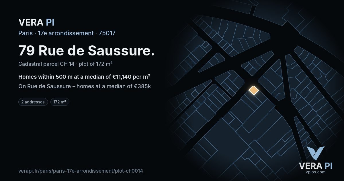 79 Rue de Saussure, 17e arrondissement at night – the plot lit, the parcels around coloured by the prices near them