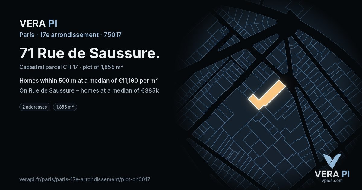 71 Rue de Saussure, 17e arrondissement at night – the plot lit, the parcels around coloured by the prices near them