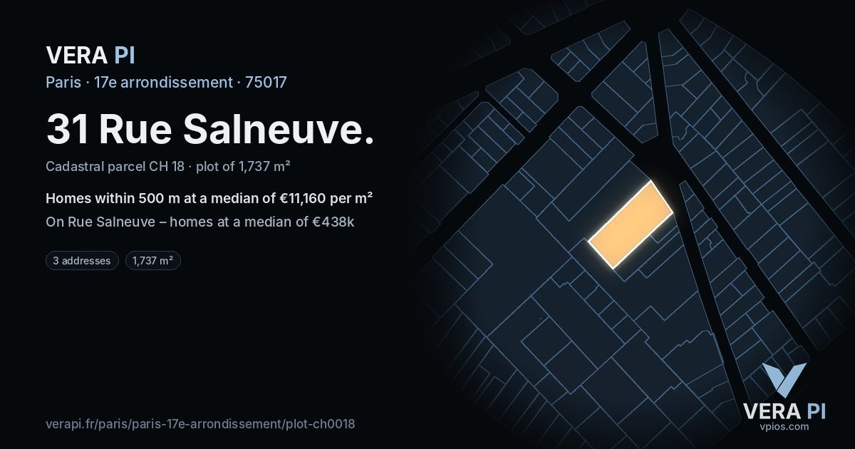 31 Rue Salneuve, 17e arrondissement at night – the plot lit, the parcels around coloured by the prices near them