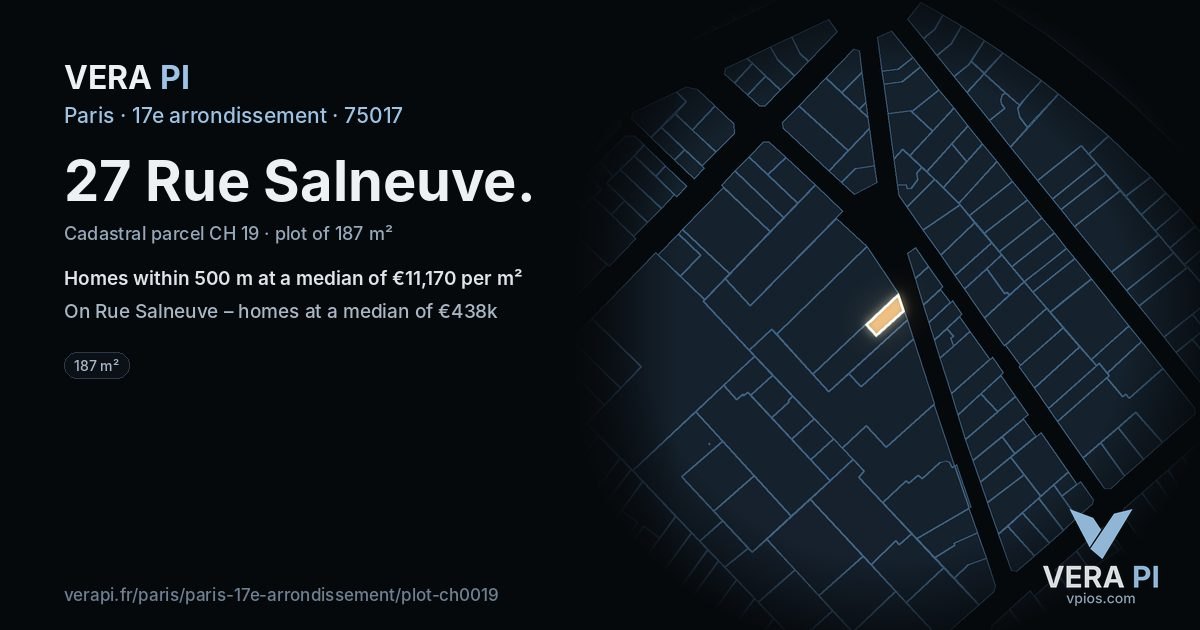 27 Rue Salneuve, 17e arrondissement at night – the plot lit, the parcels around coloured by the prices near them
