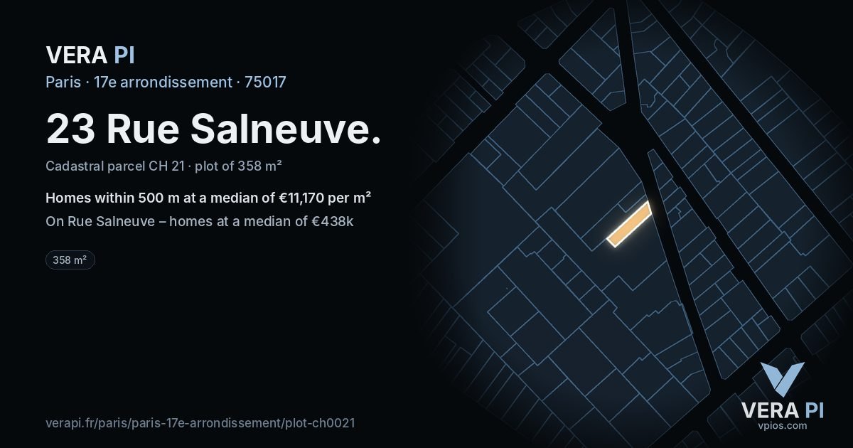 23 Rue Salneuve, 17e arrondissement at night – the plot lit, the parcels around coloured by the prices near them