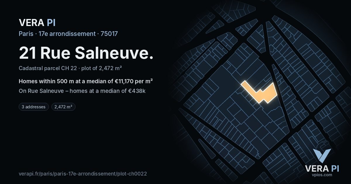 21 Rue Salneuve, 17e arrondissement at night – the plot lit, the parcels around coloured by the prices near them
