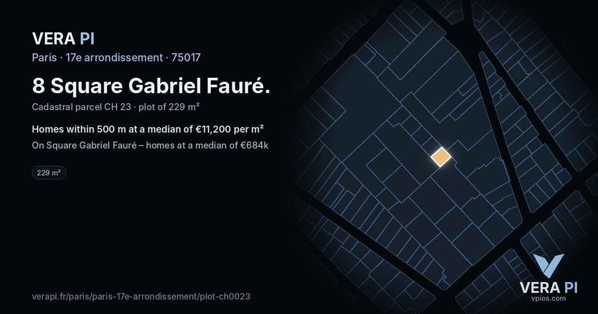 8 Square Gabriel Fauré, 17e arrondissement at night – the plot lit, the parcels around coloured by the prices near them