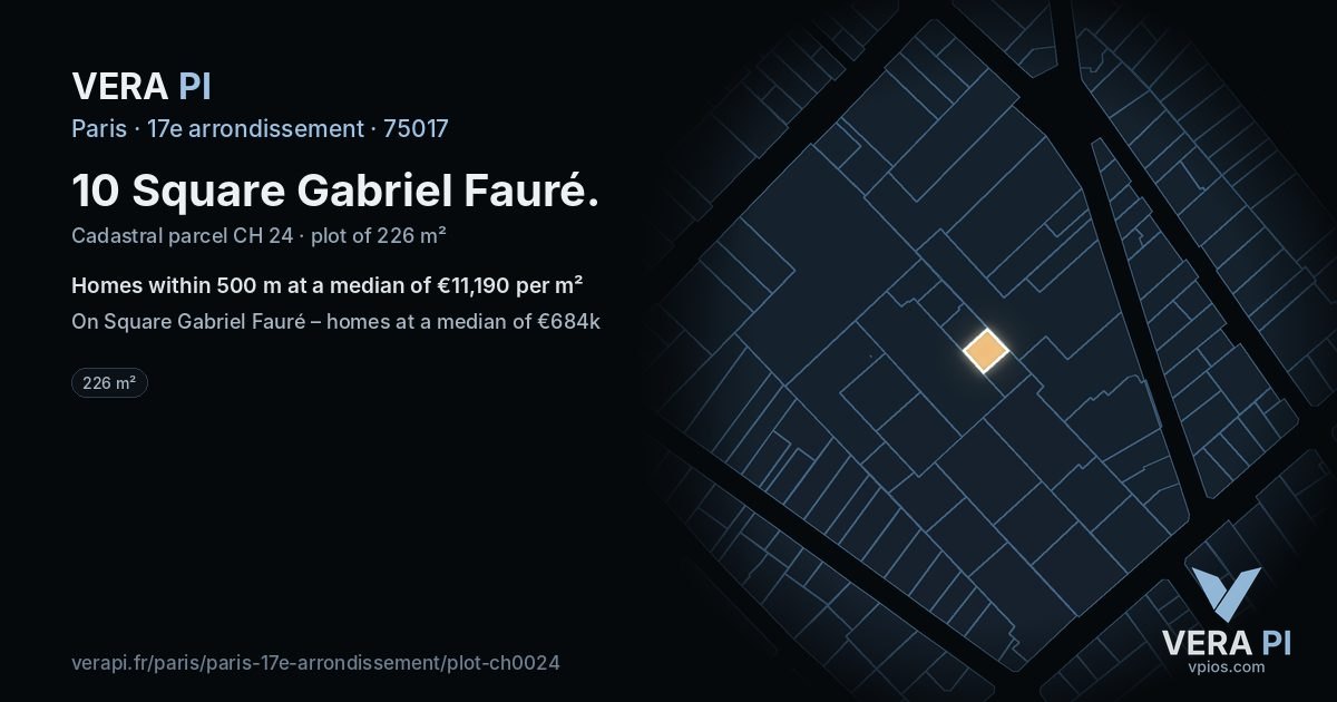 10 Square Gabriel Fauré, 17e arrondissement at night – the plot lit, the parcels around coloured by the prices near them
