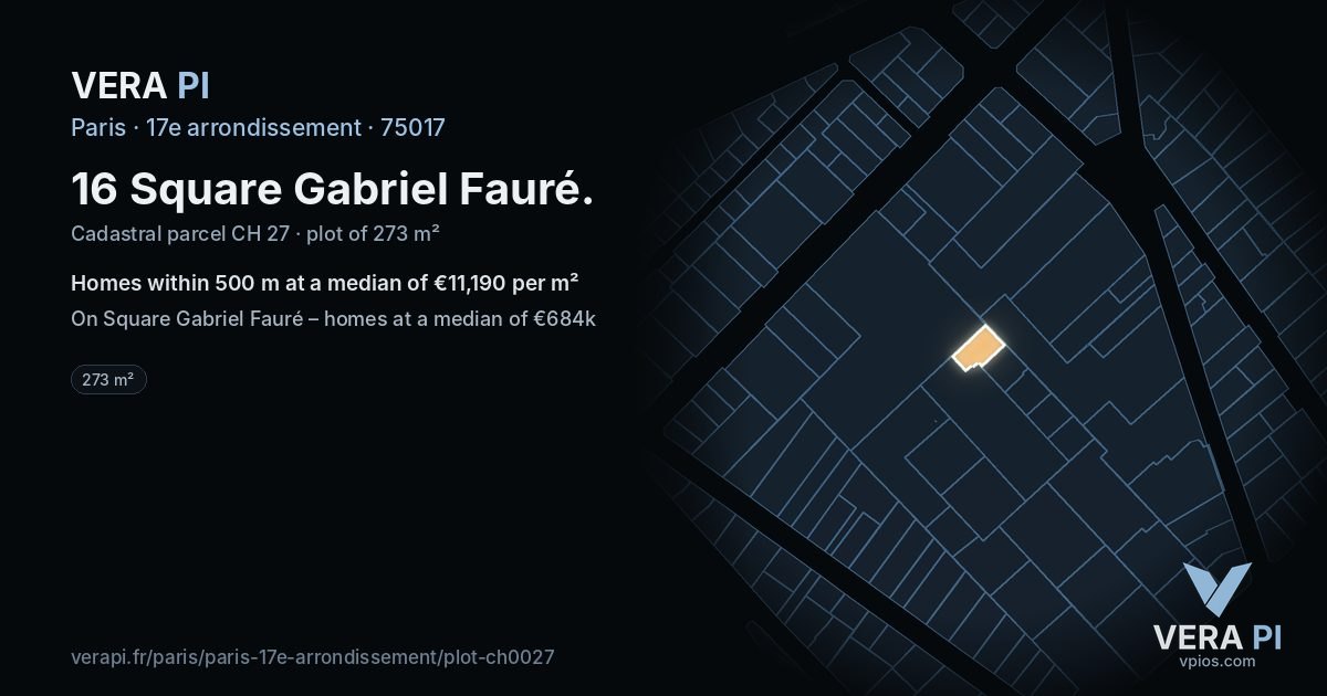 16 Square Gabriel Fauré, 17e arrondissement at night – the plot lit, the parcels around coloured by the prices near them