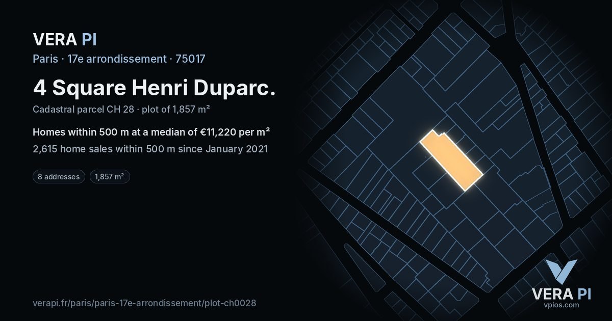 4 Square Henri Duparc, 17e arrondissement at night – the plot lit, the parcels around coloured by the prices near them