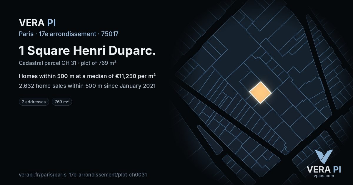 1 Square Henri Duparc, 17e arrondissement at night – the plot lit, the parcels around coloured by the prices near them