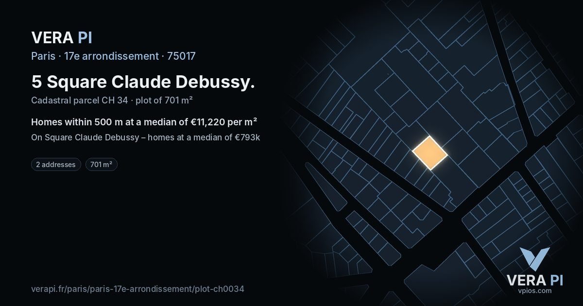 5 Square Claude Debussy, 17e arrondissement at night – the plot lit, the parcels around coloured by the prices near them