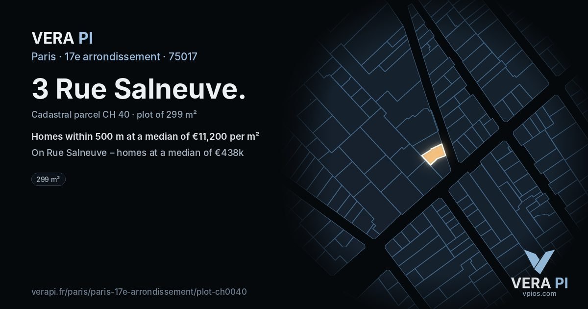 3 Rue Salneuve, 17e arrondissement at night – the plot lit, the parcels around coloured by the prices near them
