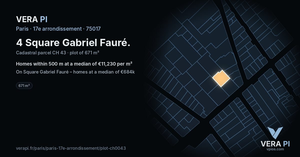 4 Square Gabriel Fauré, 17e arrondissement at night – the plot lit, the parcels around coloured by the prices near them