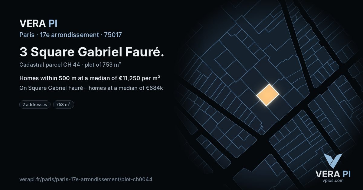 3 Square Gabriel Fauré, 17e arrondissement at night – the plot lit, the parcels around coloured by the prices near them