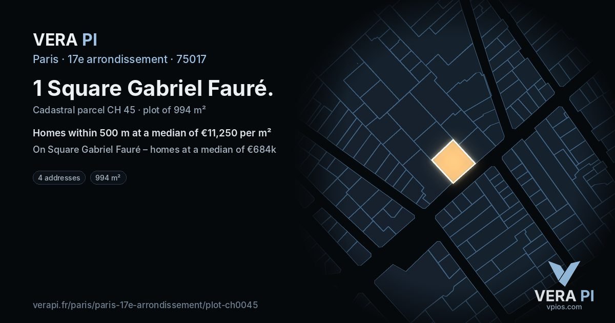 1 Square Gabriel Fauré, 17e arrondissement at night – the plot lit, the parcels around coloured by the prices near them