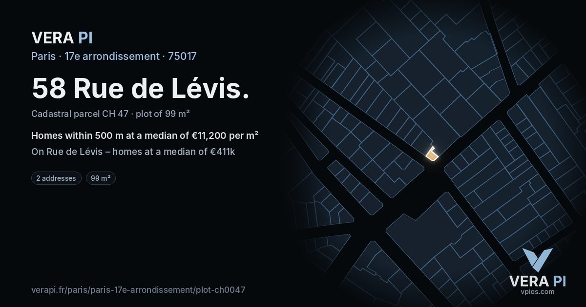 58 Rue de Lévis, 17e arrondissement at night – the plot lit, the parcels around coloured by the prices near them