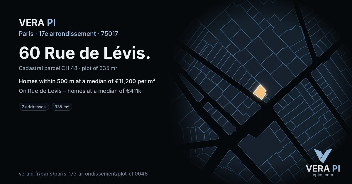 60 Rue de Lévis, 17e arrondissement at night – the plot lit, the parcels around coloured by the prices near them