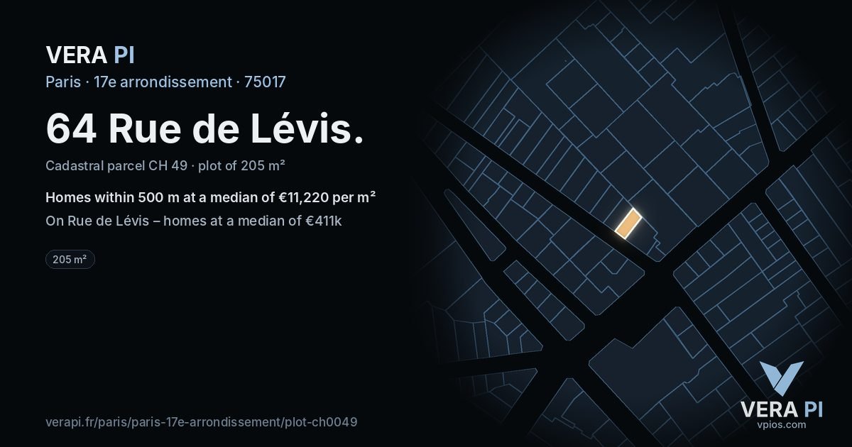64 Rue de Lévis, 17e arrondissement at night – the plot lit, the parcels around coloured by the prices near them