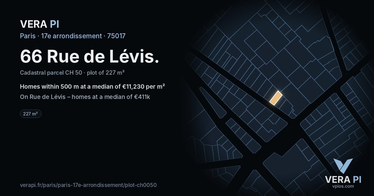 66 Rue de Lévis, 17e arrondissement at night – the plot lit, the parcels around coloured by the prices near them