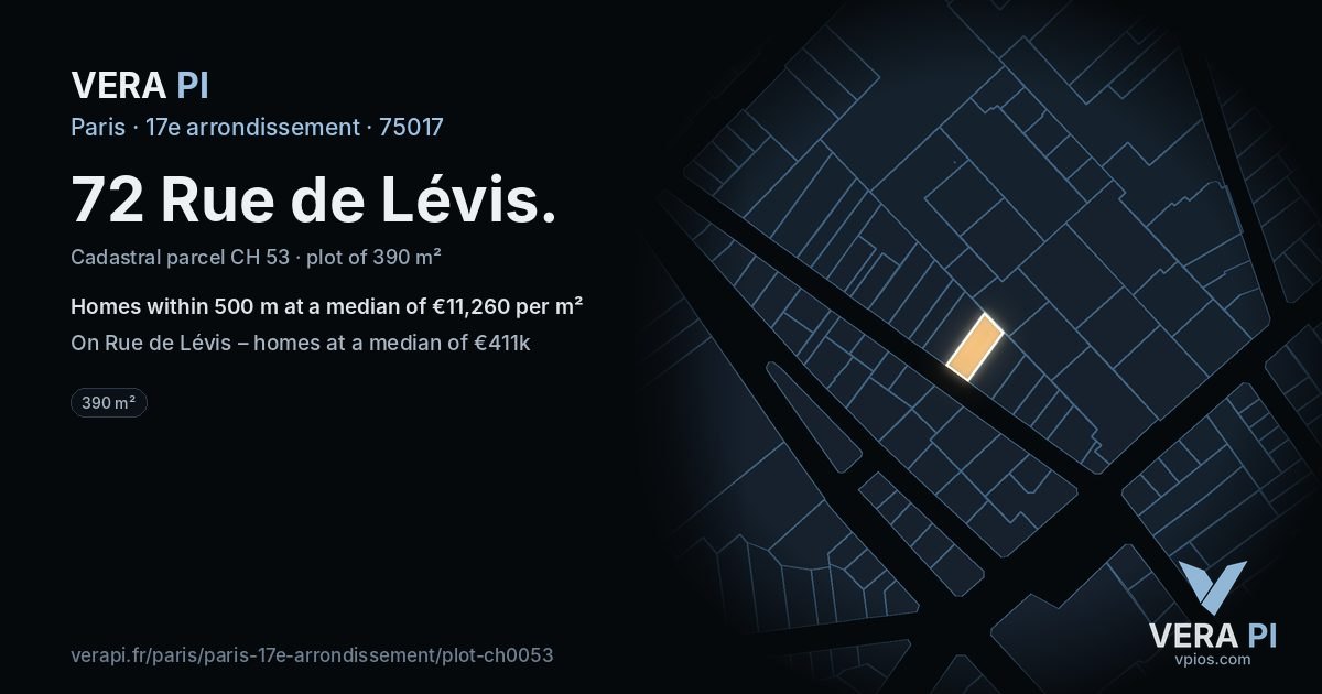 72 Rue de Lévis, 17e arrondissement at night – the plot lit, the parcels around coloured by the prices near them