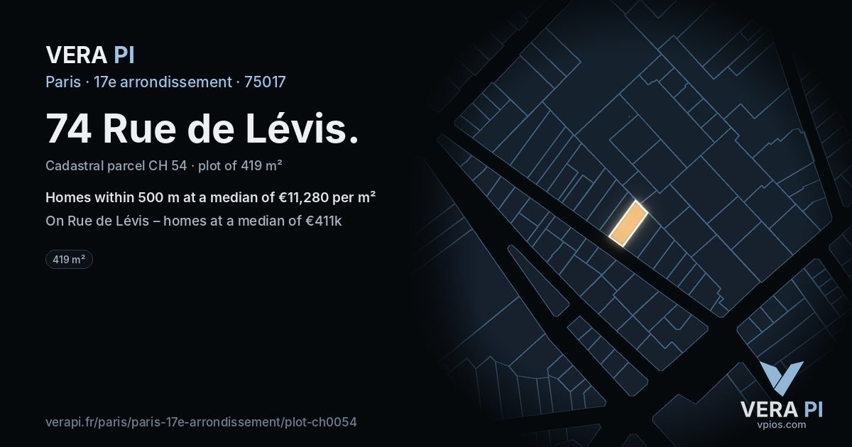 74 Rue de Lévis, 17e arrondissement at night – the plot lit, the parcels around coloured by the prices near them