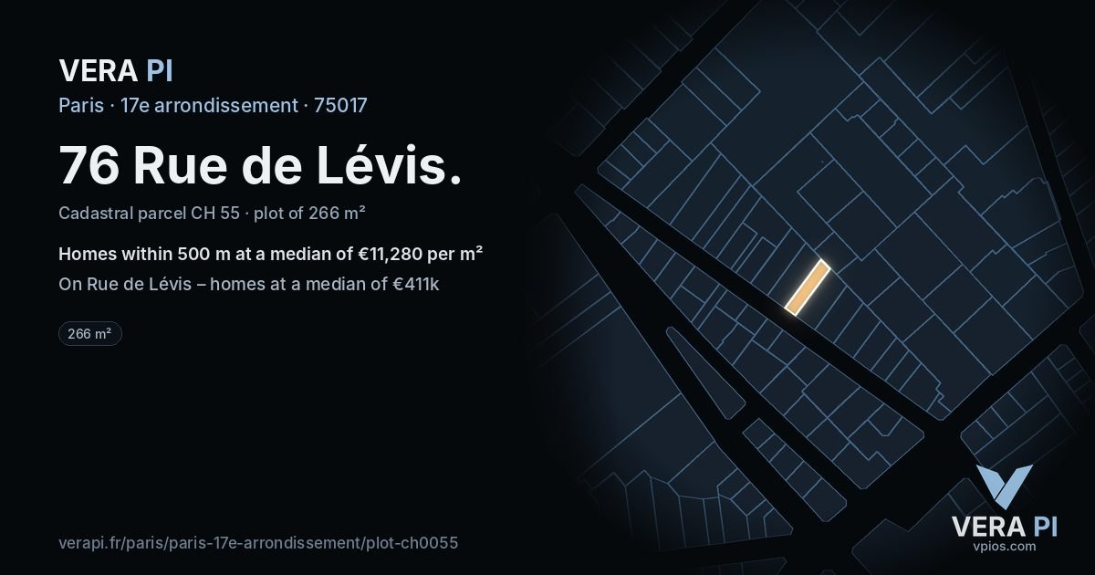 76 Rue de Lévis, 17e arrondissement at night – the plot lit, the parcels around coloured by the prices near them