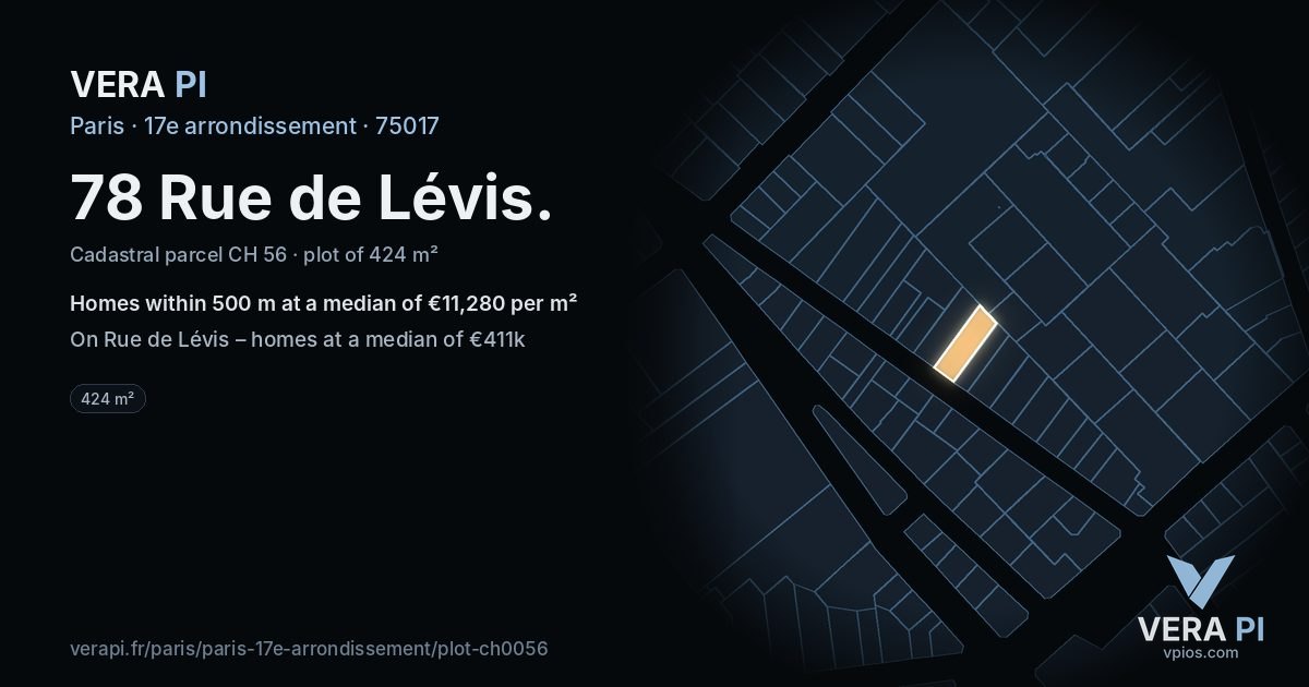 78 Rue de Lévis, 17e arrondissement at night – the plot lit, the parcels around coloured by the prices near them