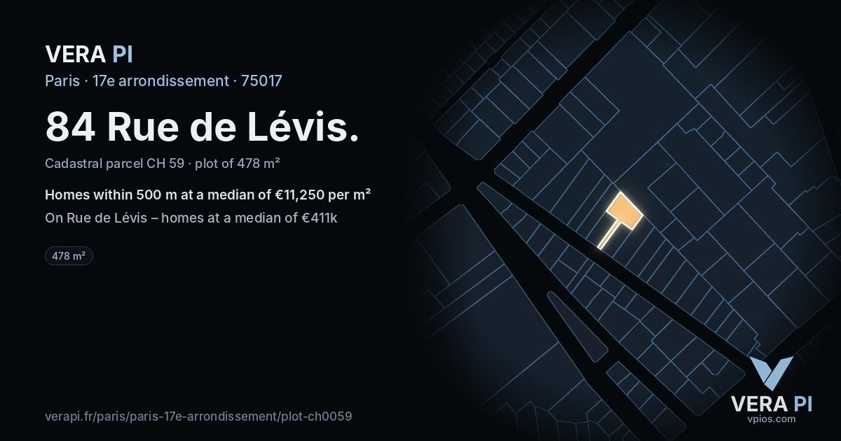 84 Rue de Lévis, 17e arrondissement at night – the plot lit, the parcels around coloured by the prices near them