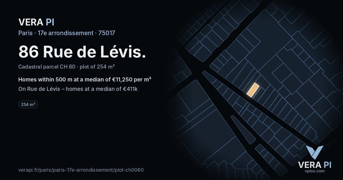 86 Rue de Lévis, 17e arrondissement at night – the plot lit, the parcels around coloured by the prices near them