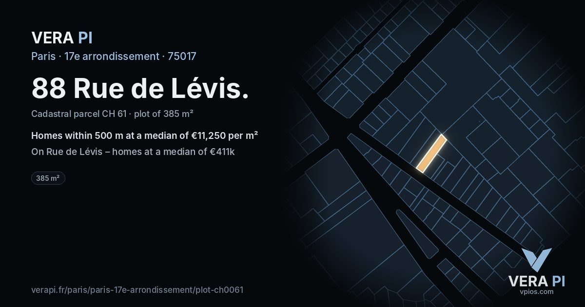 88 Rue de Lévis, 17e arrondissement at night – the plot lit, the parcels around coloured by the prices near them
