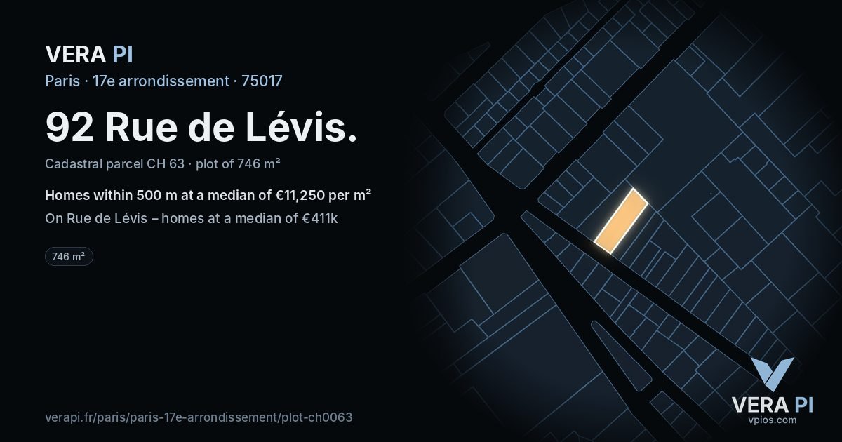 92 Rue de Lévis, 17e arrondissement at night – the plot lit, the parcels around coloured by the prices near them