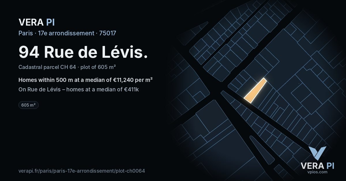 94 Rue de Lévis, 17e arrondissement at night – the plot lit, the parcels around coloured by the prices near them