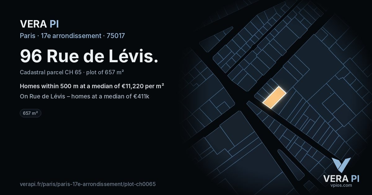 96 Rue de Lévis, 17e arrondissement at night – the plot lit, the parcels around coloured by the prices near them