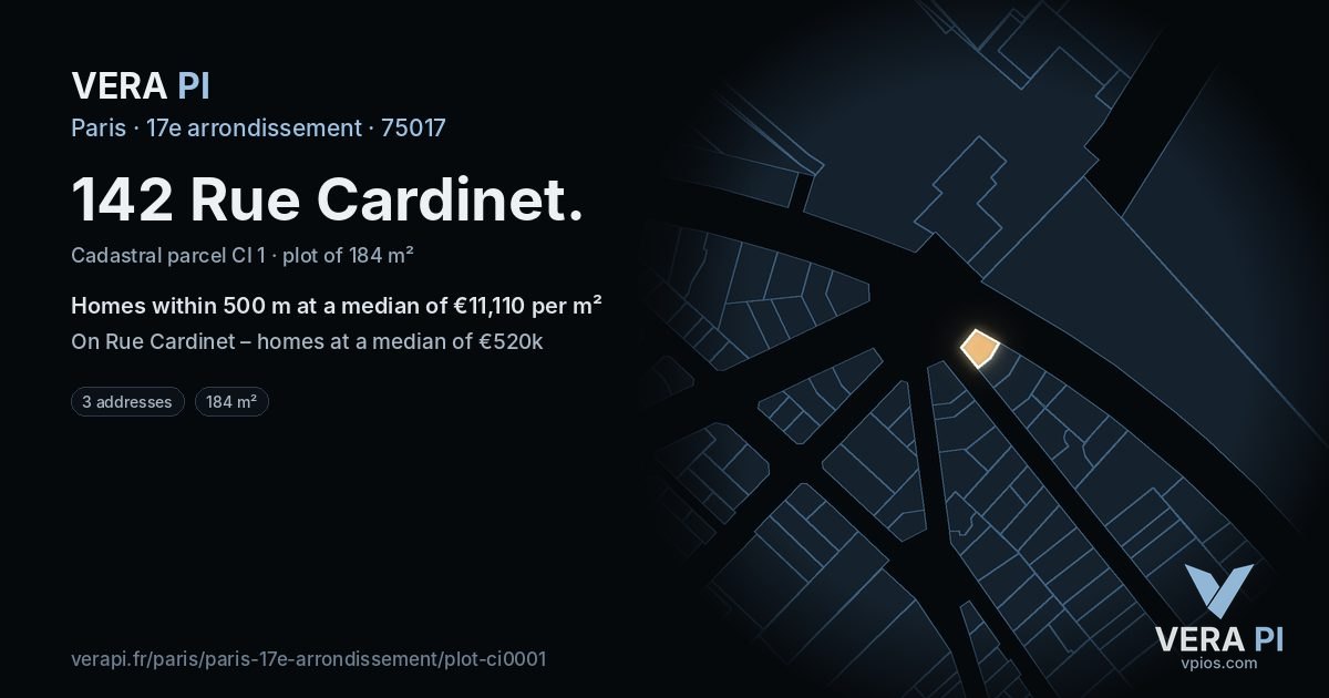 142 Rue Cardinet, 17e arrondissement at night – the plot lit, the parcels around coloured by the prices near them