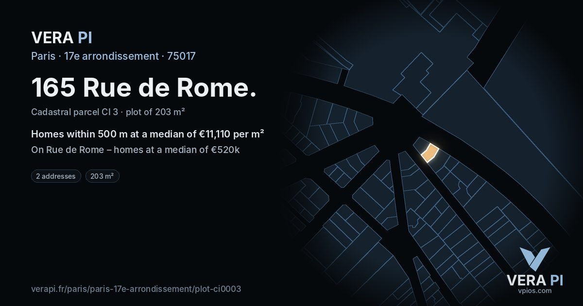 165 Rue de Rome, 17e arrondissement at night – the plot lit, the parcels around coloured by the prices near them
