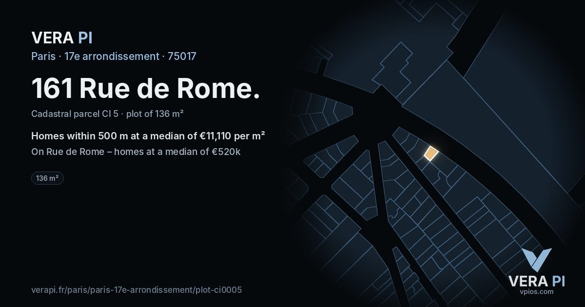 161 Rue de Rome, 17e arrondissement at night – the plot lit, the parcels around coloured by the prices near them