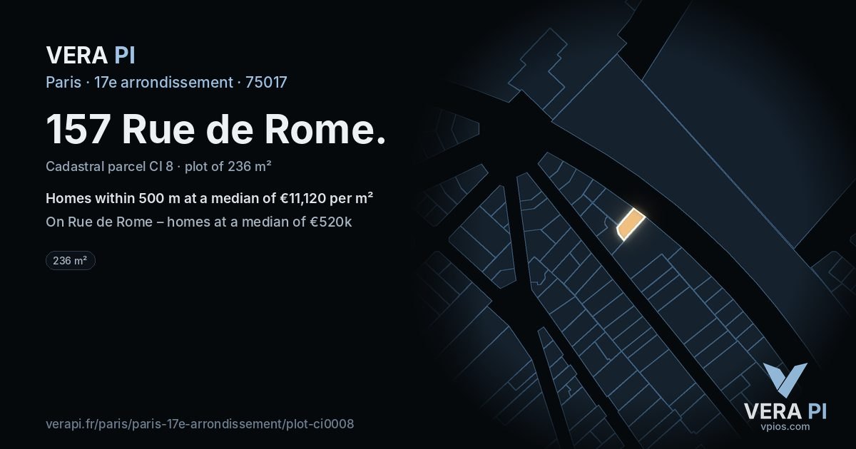 157 Rue de Rome, 17e arrondissement at night – the plot lit, the parcels around coloured by the prices near them