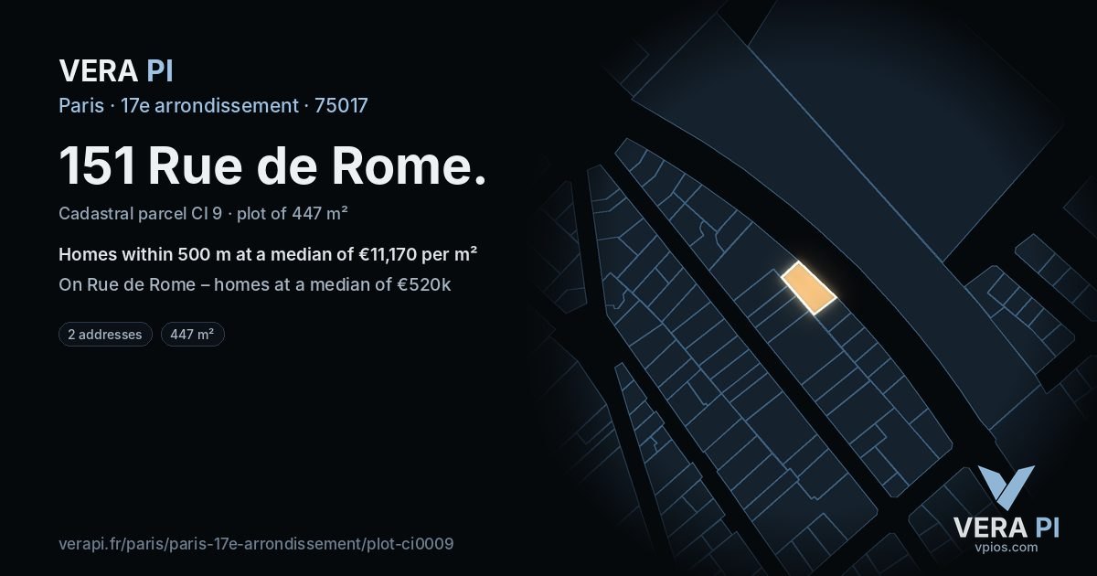 151 Rue de Rome, 17e arrondissement at night – the plot lit, the parcels around coloured by the prices near them