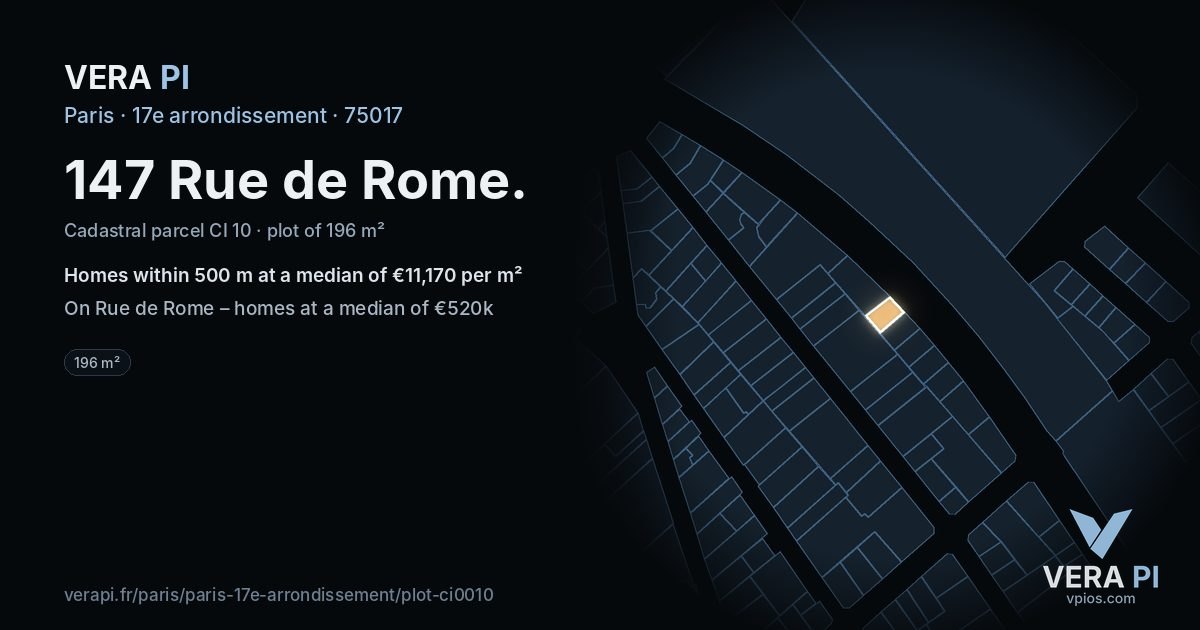 147 Rue de Rome, 17e arrondissement at night – the plot lit, the parcels around coloured by the prices near them