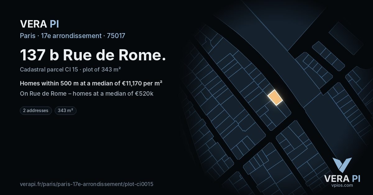 137 b Rue de Rome, 17e arrondissement at night – the plot lit, the parcels around coloured by the prices near them