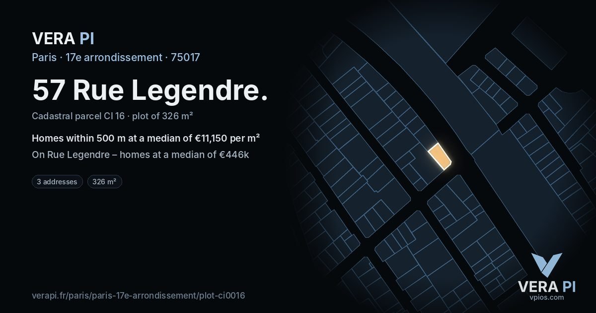 57 Rue Legendre, 17e arrondissement at night – the plot lit, the parcels around coloured by the prices near them