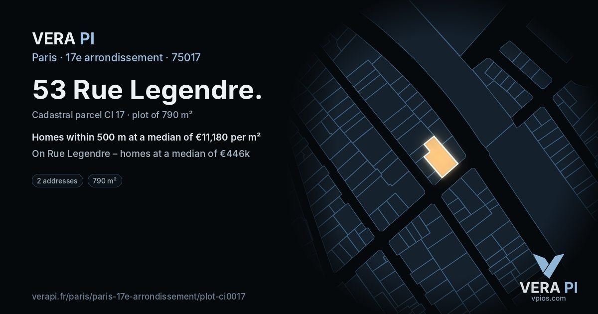 53 Rue Legendre, 17e arrondissement at night – the plot lit, the parcels around coloured by the prices near them