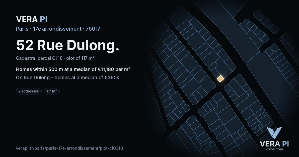 52 Rue Dulong, 17e arrondissement at night – the plot lit, the parcels around coloured by the prices near them